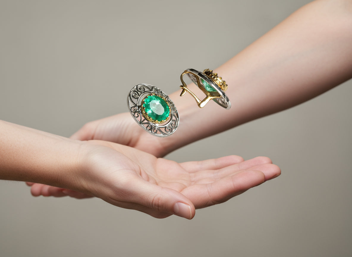 Antique Style Emerald 18K Gold Platinum Drop Earrings