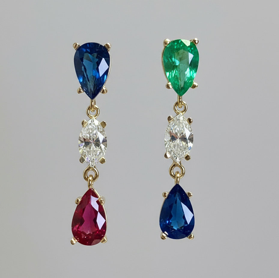 Vivid Natural Sapphire, Emerald, Ruby, Diamond Drop Earrings 18K