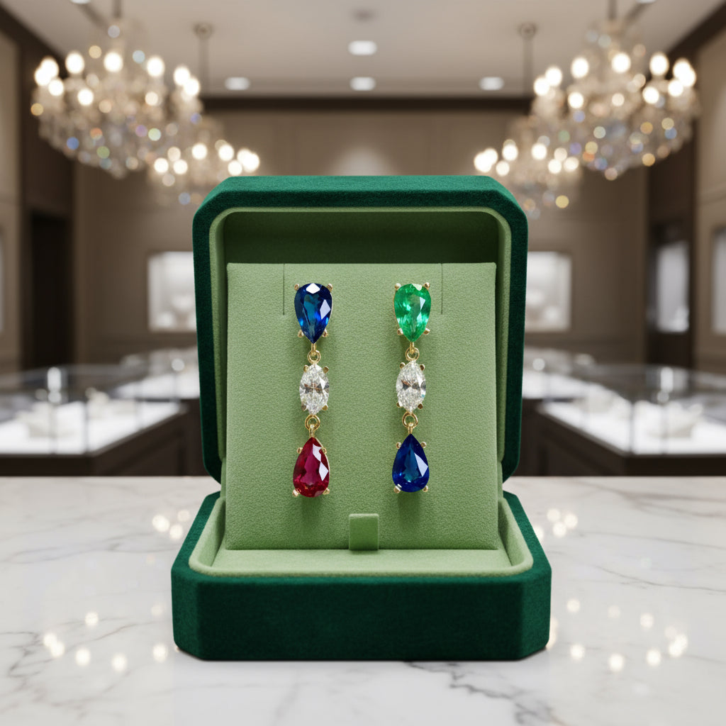 Vivid Natural Sapphire, Emerald, Ruby, Diamond Drop Earrings 18K