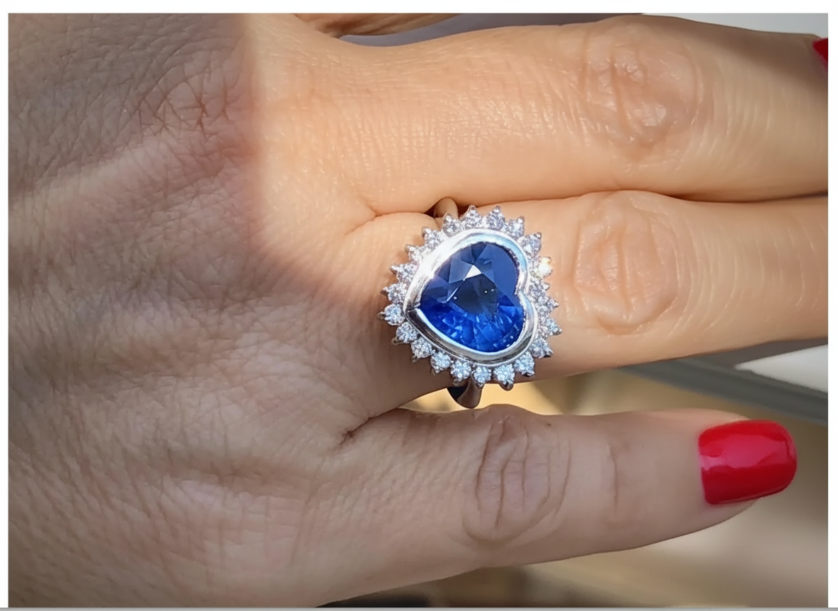 6.35 Carat Burma Royal Blue Heart Sapphire Diamond Ring Certified 18K Gold