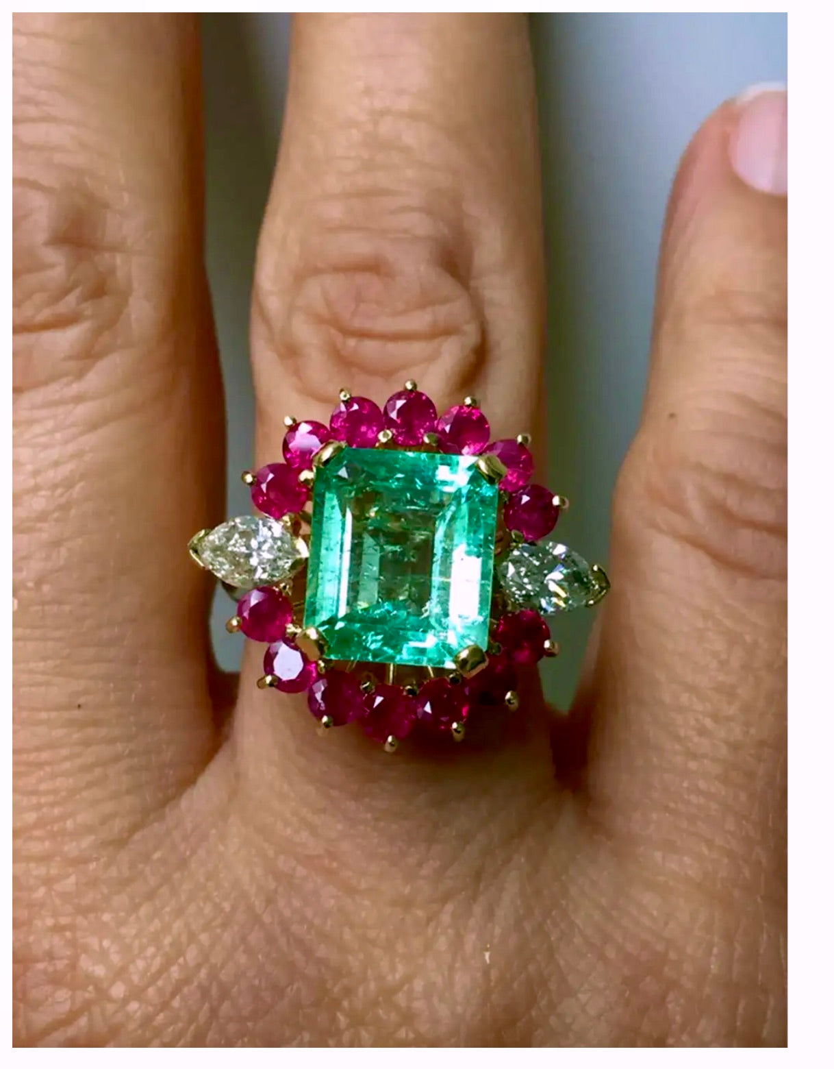 Certified Emerald Diamond & Ruby Cluster Cocktail Ring 18k
