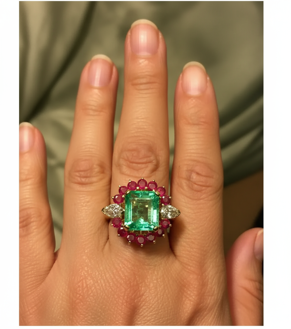 Certified Emerald Diamond & Ruby Cluster Cocktail Ring 18k