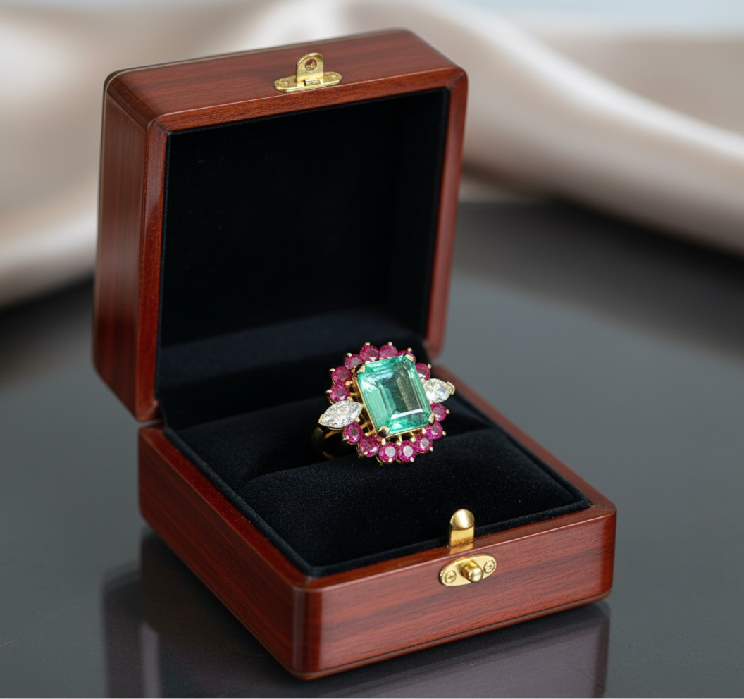 Certified Emerald Diamond & Ruby Cluster Cocktail Ring 18k
