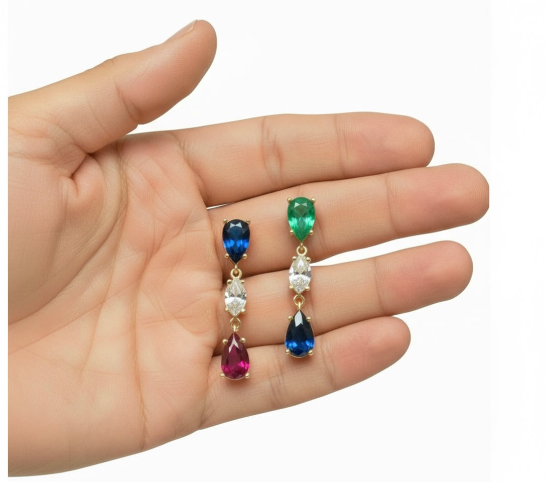 Vivid Natural Sapphire, Emerald, Ruby, Diamond Drop Earrings 18K