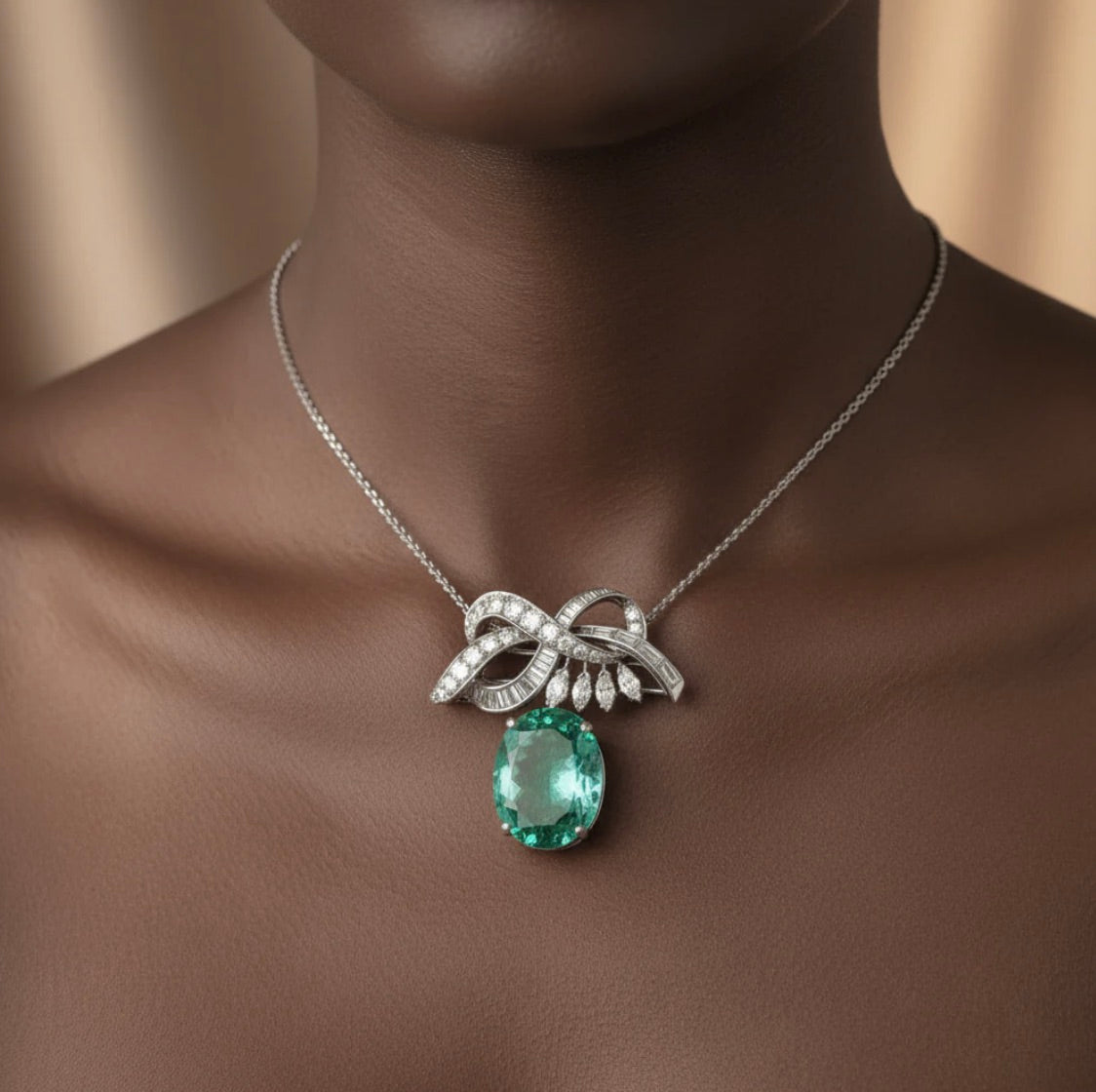 18.76 Carat Certified Colombian Emerald and Diamond Platinum Brooch Pendant