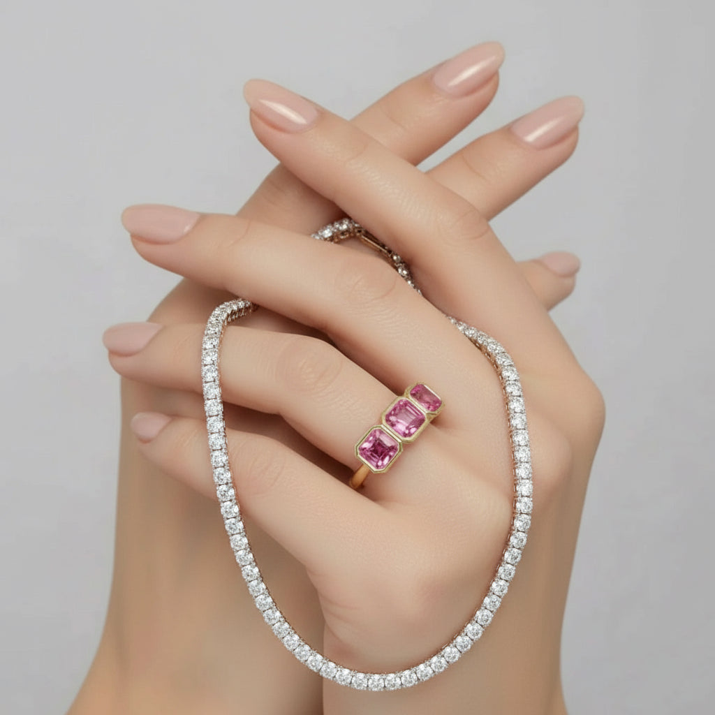 Spinel Pink Three Stone Asscher Anniversary/Engagement 18K Yellow Gold Ring