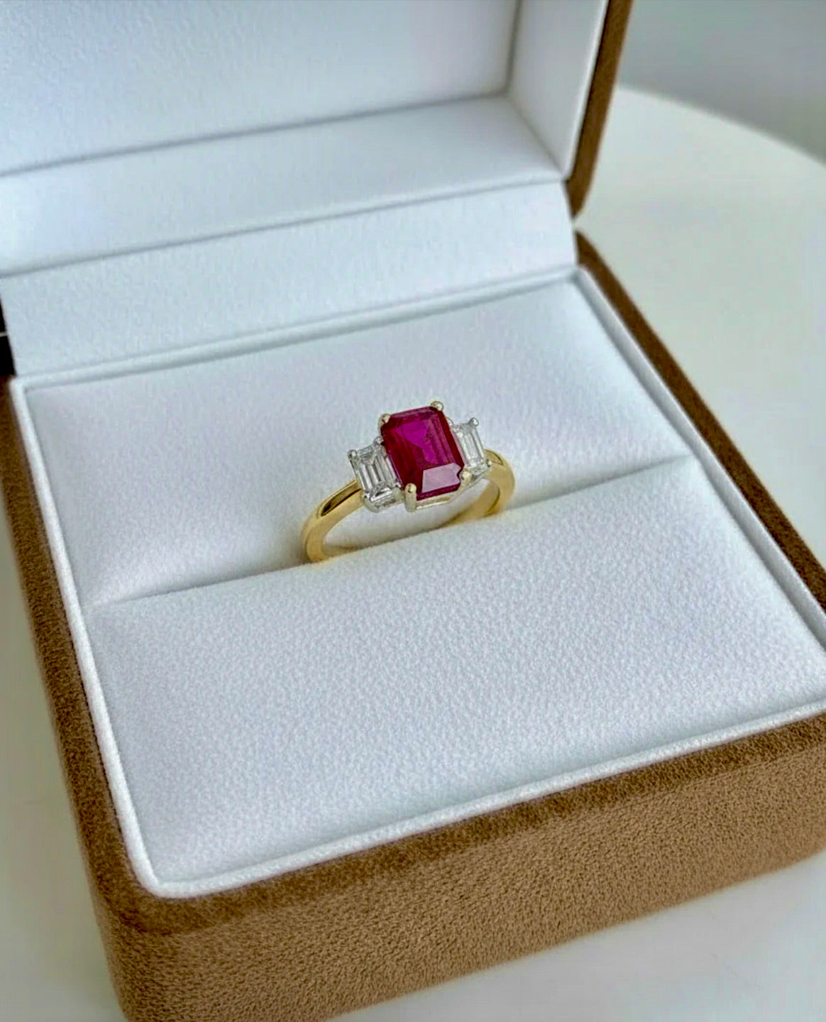 Unheated Emerald Cut Ruby Diamond Engagement Ring 18K Yellow Gold