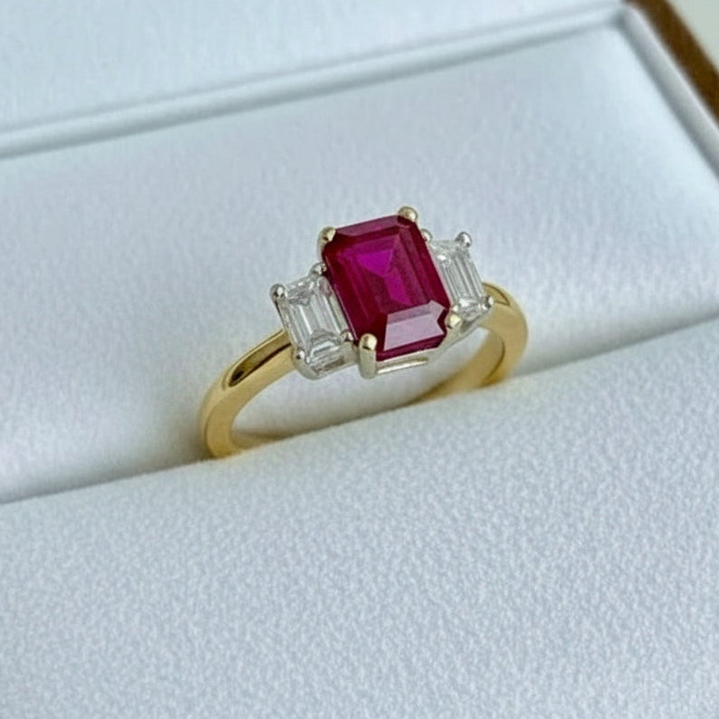 Unheated Emerald Cut Ruby Diamond Engagement Ring 18K Yellow Gold