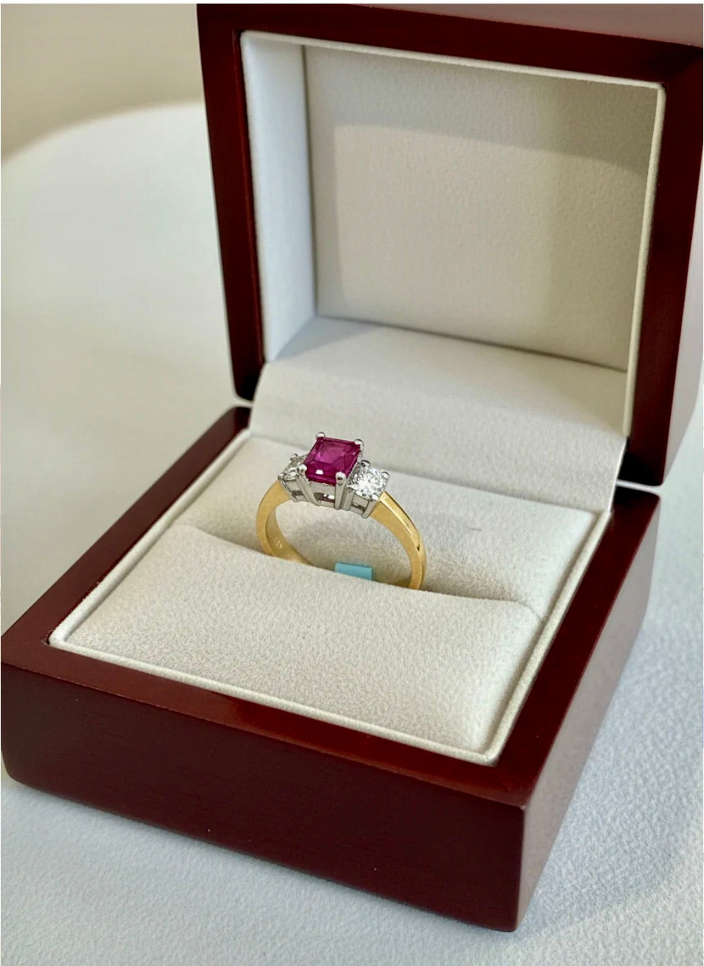 Unheated Emerald Cut Ruby Diamond Engagement Ring 18K Yellow Gold