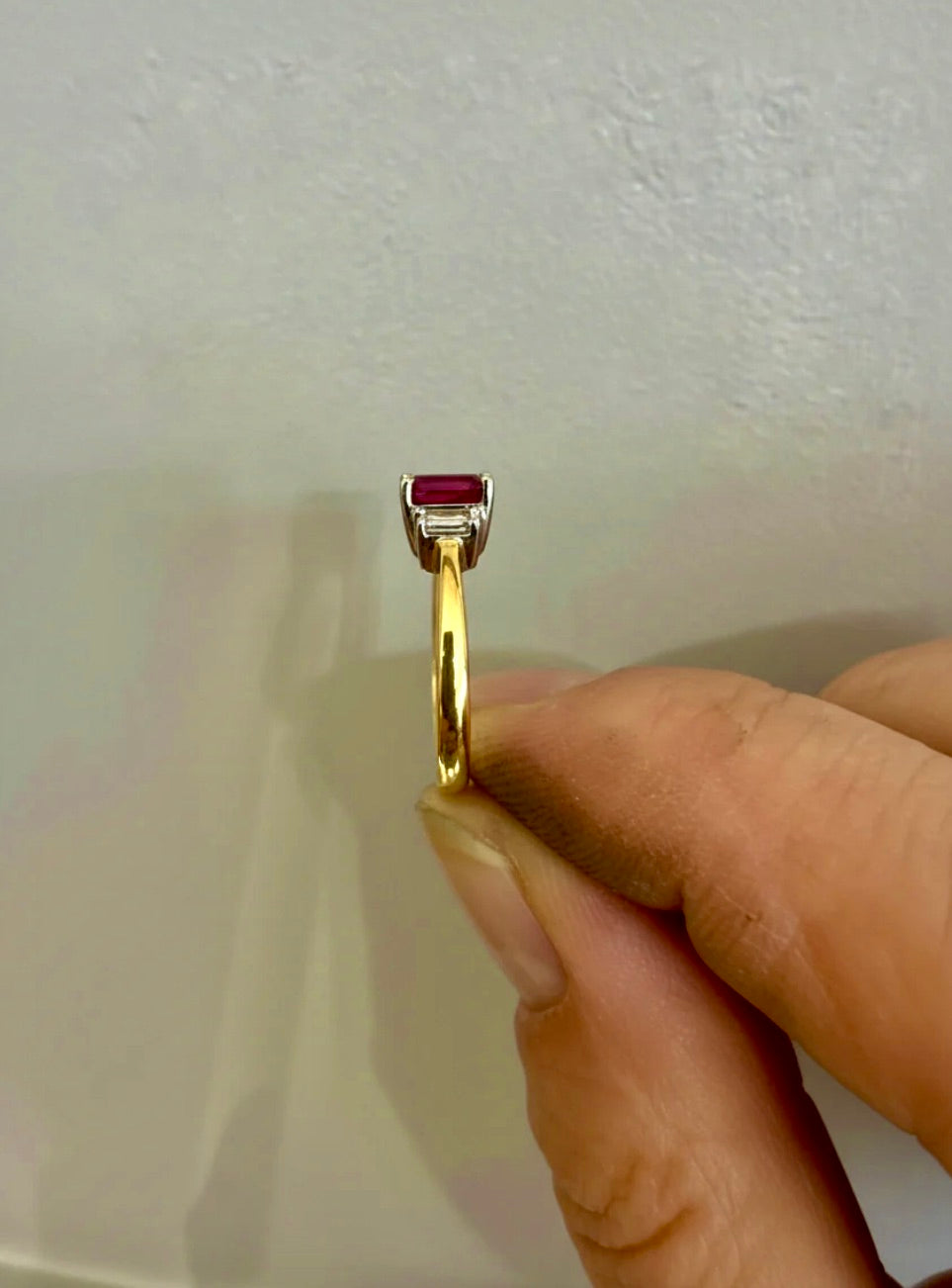 Unheated Emerald Cut Ruby Diamond Engagement Ring 18K Yellow Gold