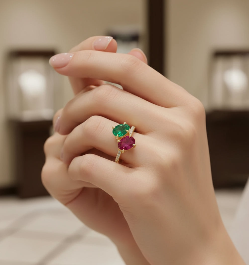 Ruby and Emerald Bypass "Toi Et Moi" Engagement Ring