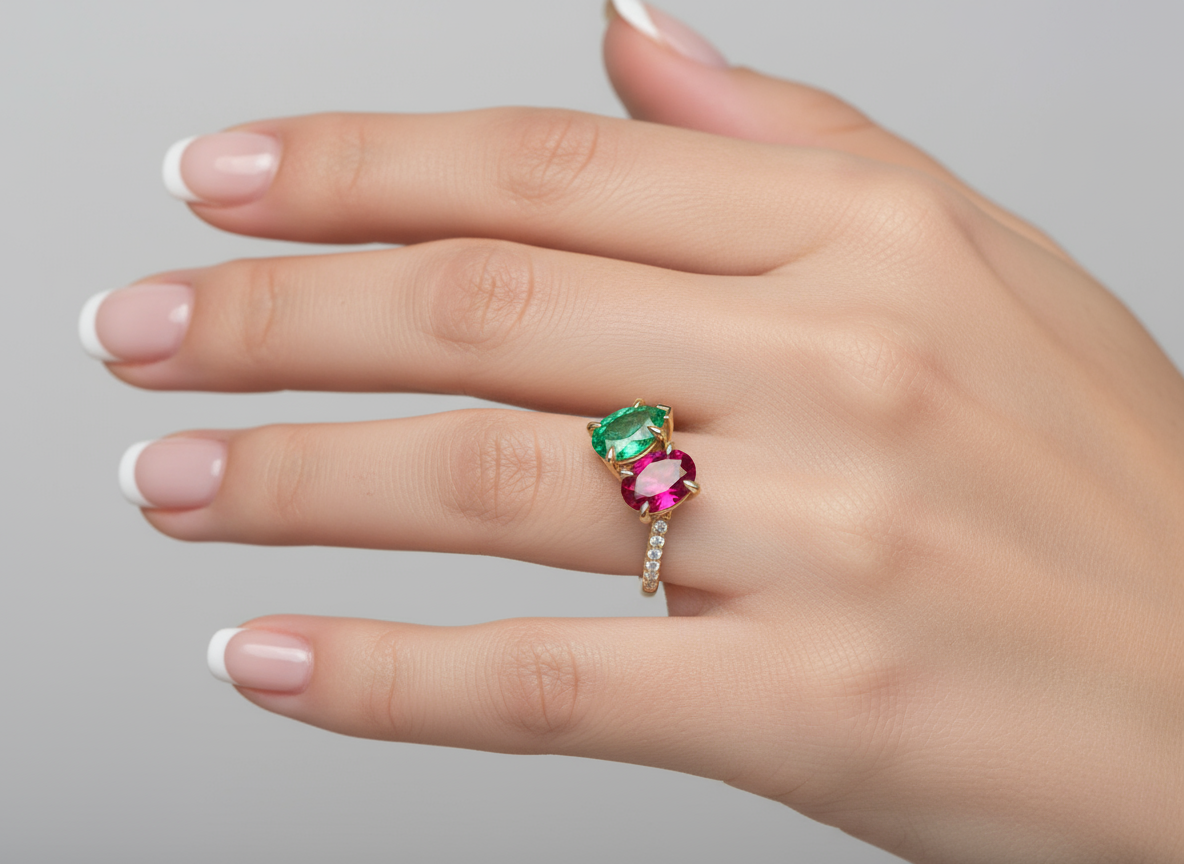 Ruby and Emerald Bypass "Toi Et Moi" Engagement Ring