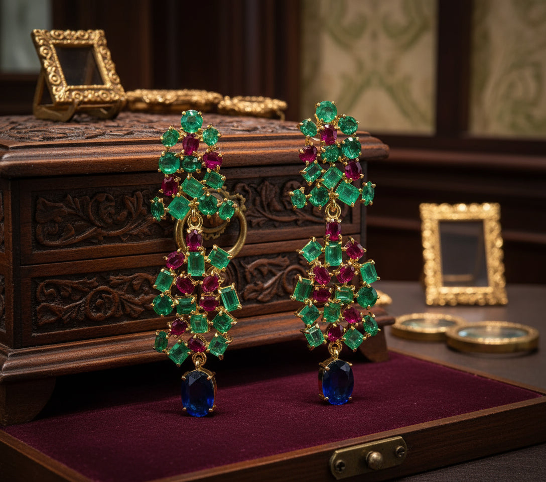 Chandeliers Tutti Frutti Burma Sapphire, Ruby and Colombia Emerald earrings