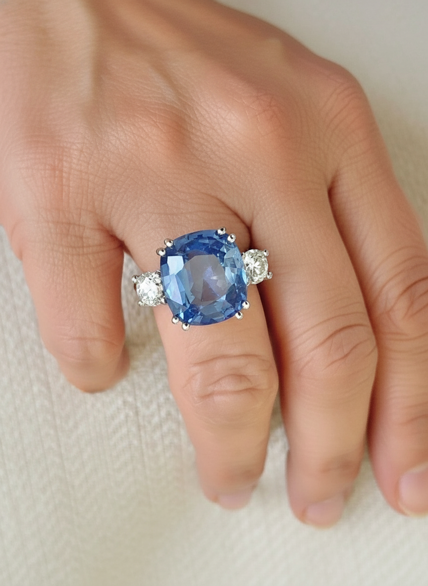 Ceylon Blue Sapphire Unheated Diamond Ring 18K White Gold
