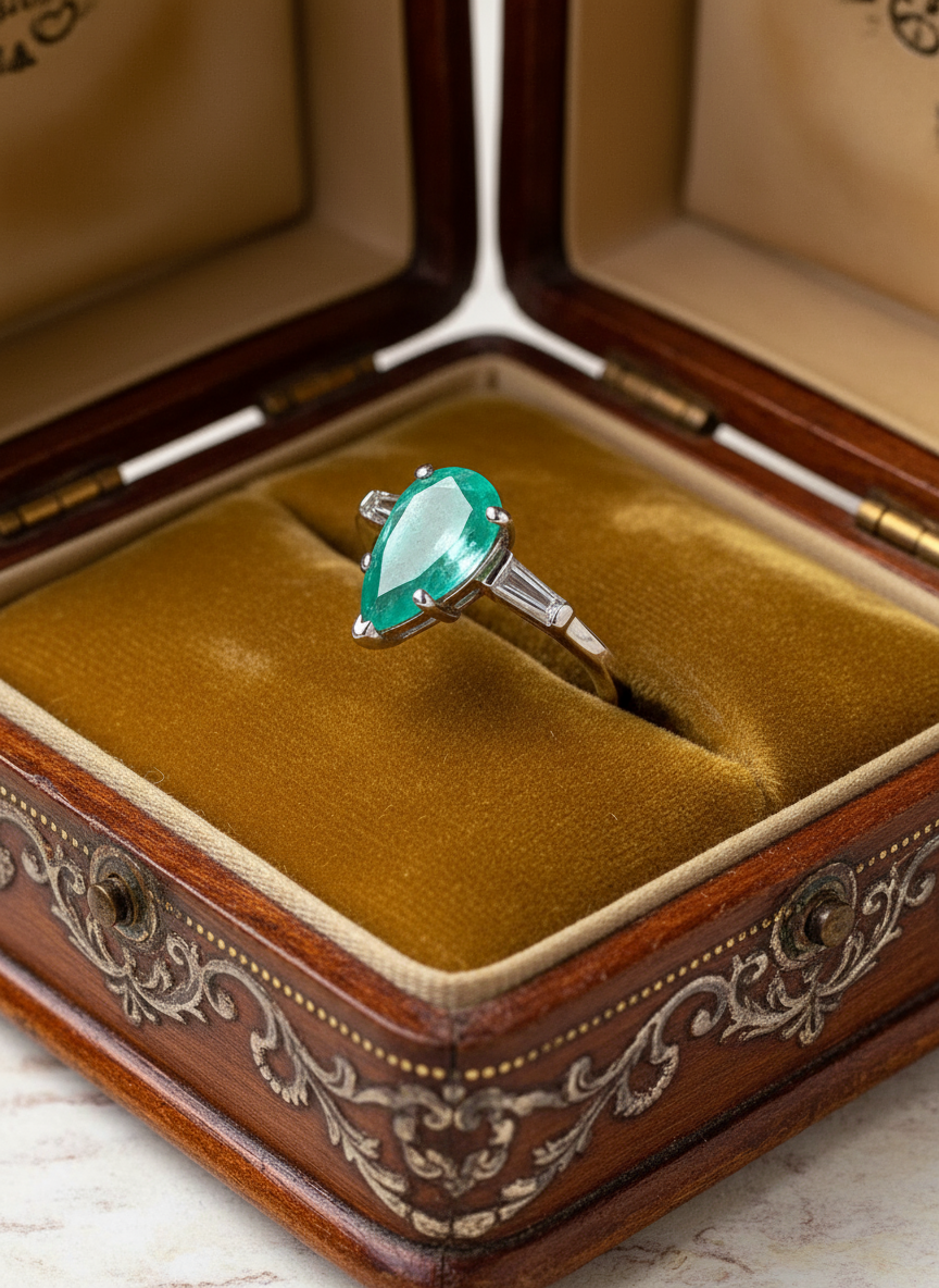 Antique Art Deco Pear Colombian Emerald Diamond Platinum Engagement Ring