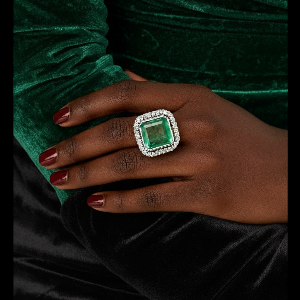 15 Carat Art Deco Fine Colombian Emerald Diamond Ring 18K
