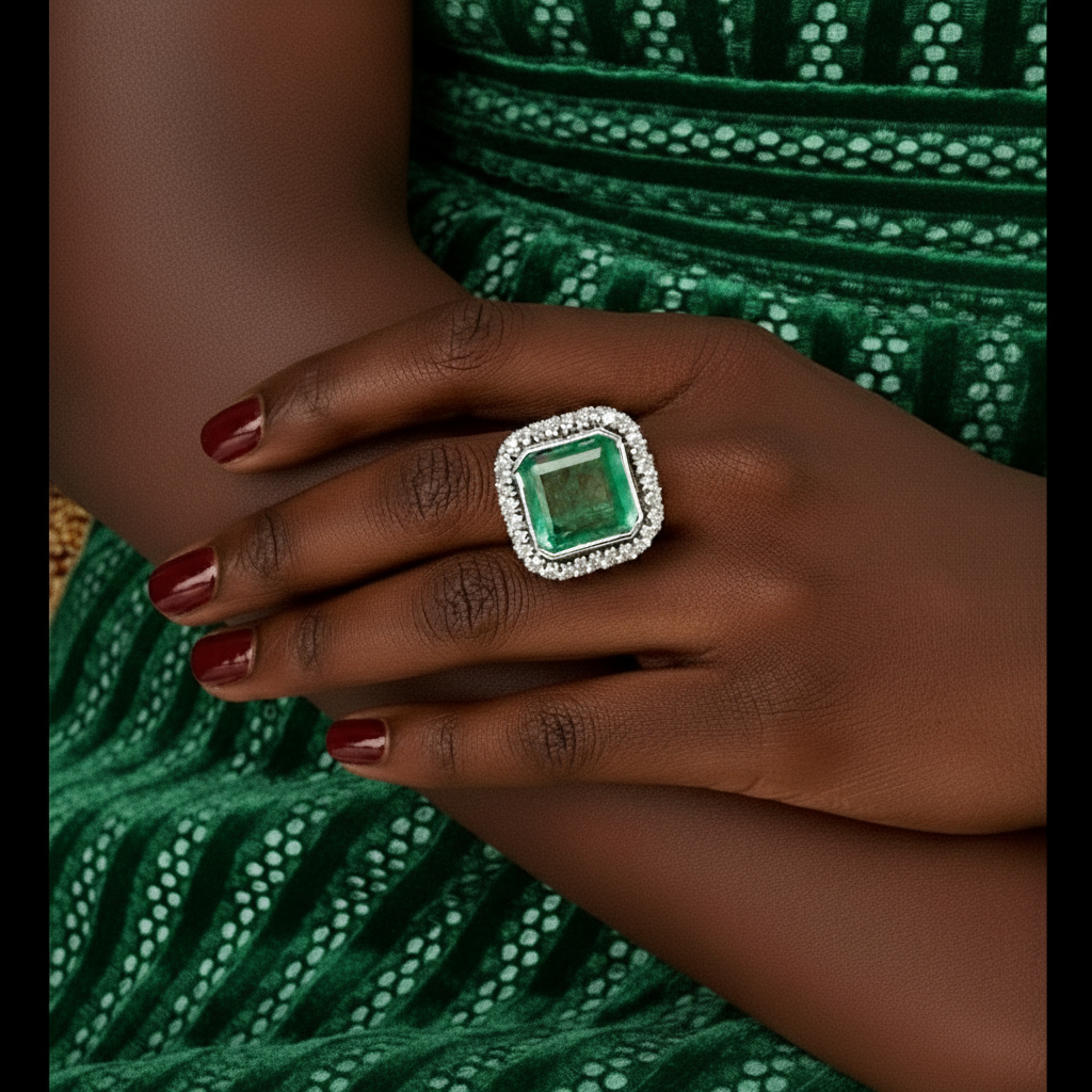 15 Carat Art Deco Fine Colombian Emerald Diamond Ring 18K