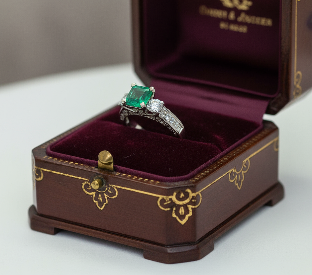 Fine Square Natural Colombian Emerald Diamond Engagement Ring