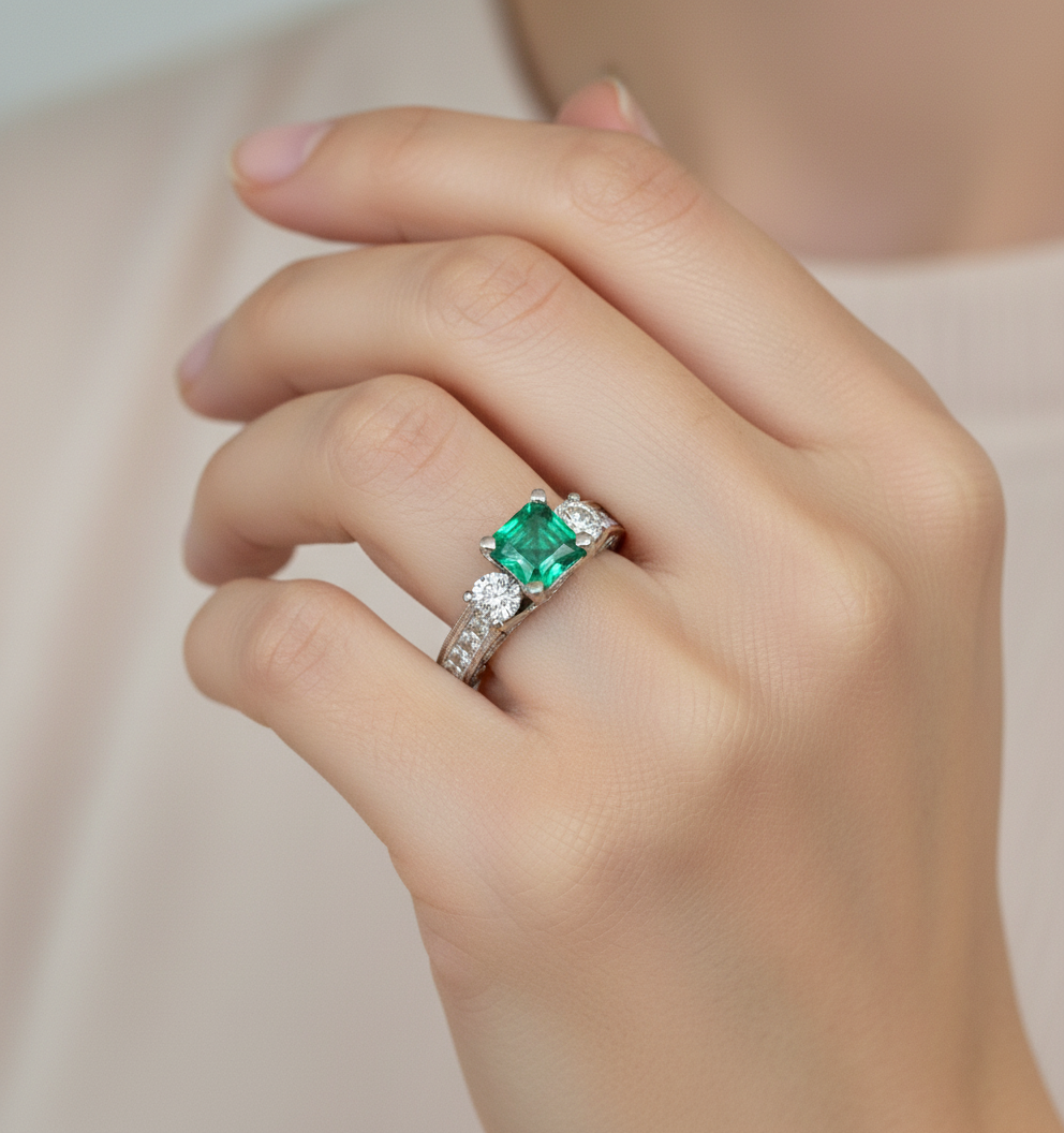 Fine Square Natural Colombian Emerald Diamond Engagement Ring
