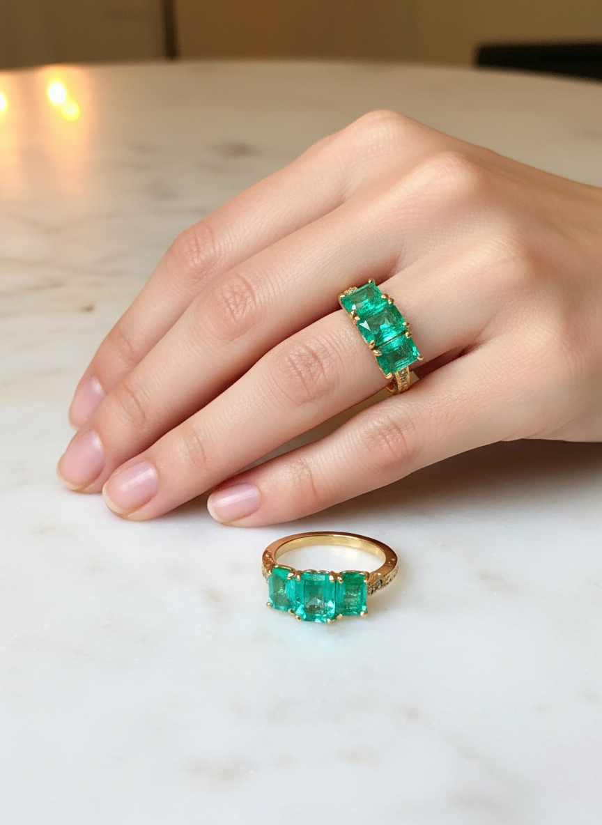 Fine Glowing 3.10 Carat Colombian Emerald Three Stone Ring 18K Yellow Gold