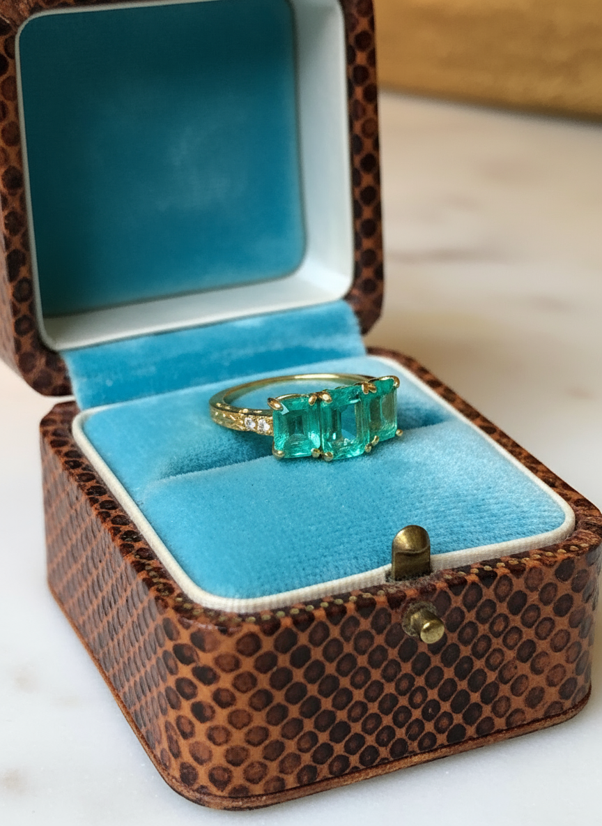 Fine Glowing 3.10 Carat Colombian Emerald Three Stone Ring 18K Yellow Gold