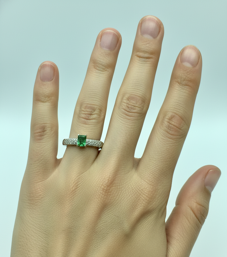 Fine Natural Colombian Emerald Pave Diamond Engagement Ring