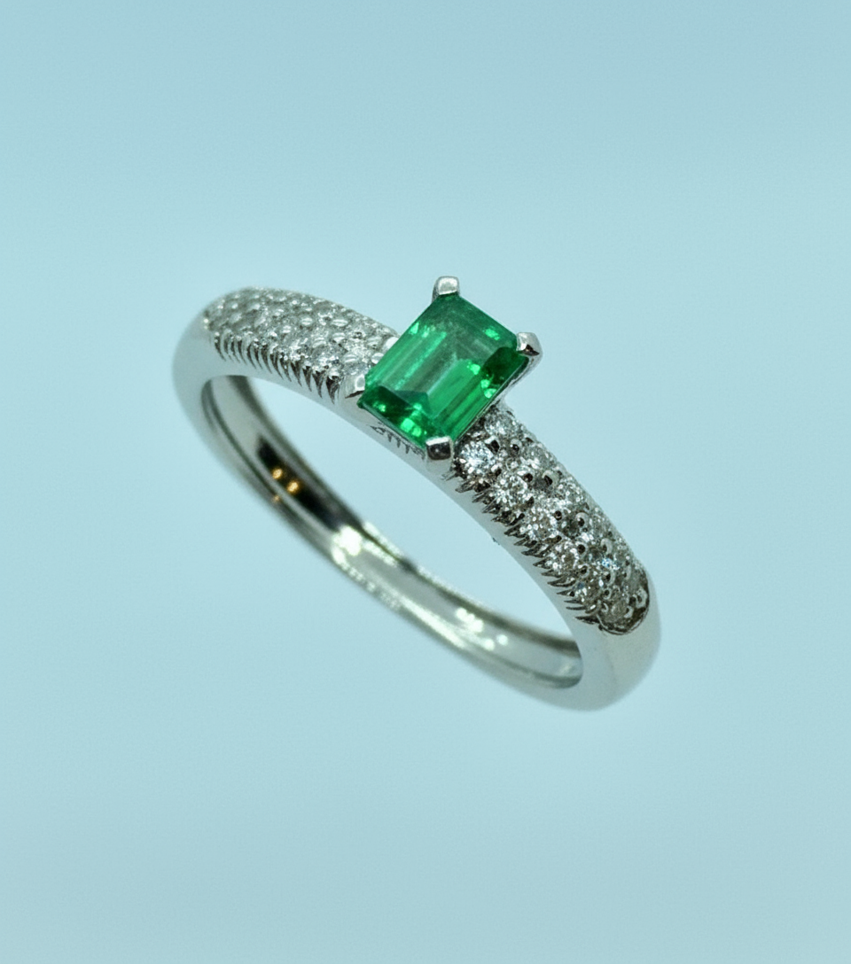 Fine Natural Colombian Emerald Pave Diamond Engagement Ring