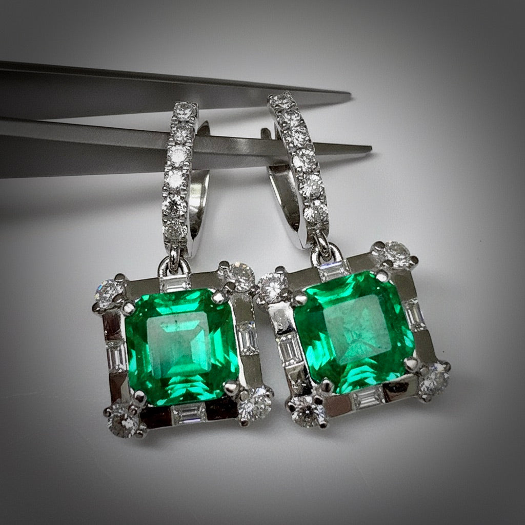 Certified 10.77 Carat Colombian Emerald Diamond Earrings 18K