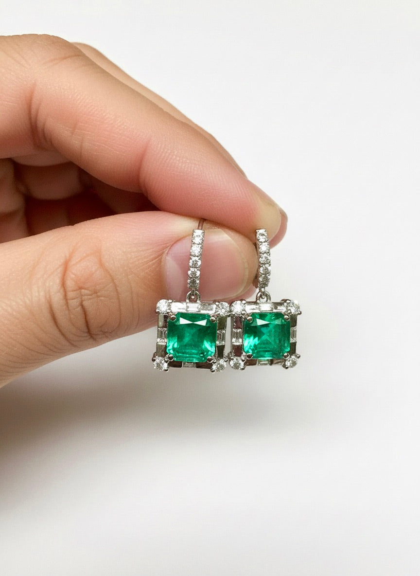 Certified 10.77 Carat Colombian Emerald Diamond Earrings 18K