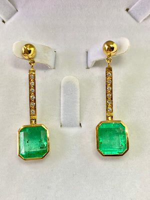 11.75 Carat Square Colombian Emerald and Diamond Drop Dangle Earrings