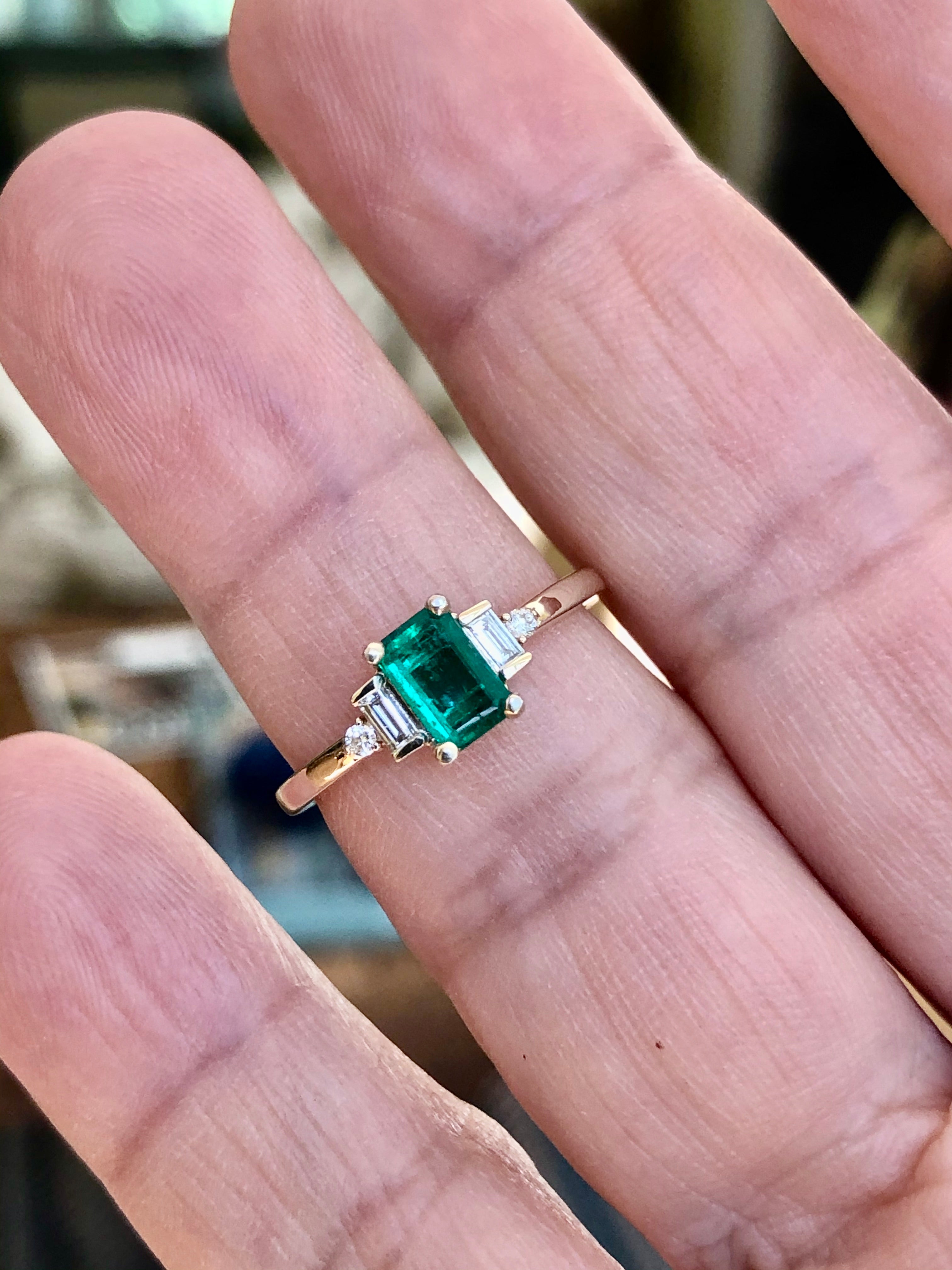Atticus Ring with Cushion cut Emerald, VS Diamond | 4.1 carats Rectangle  Emerald Sidestone Ring in 14k White Gold | Diamondere