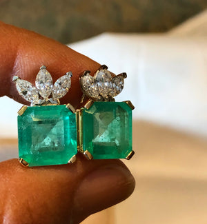 12.20 Carat Certified Square Colombian Emerald and Diamond Earrings