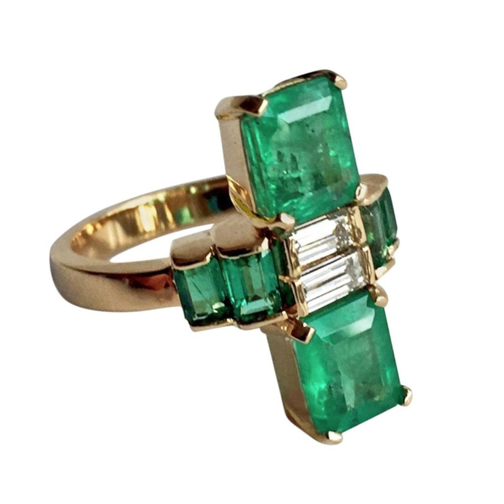 4.24 Carat Natural Fine Colombian Emerald Diamond Art Deco Style Ring 18K