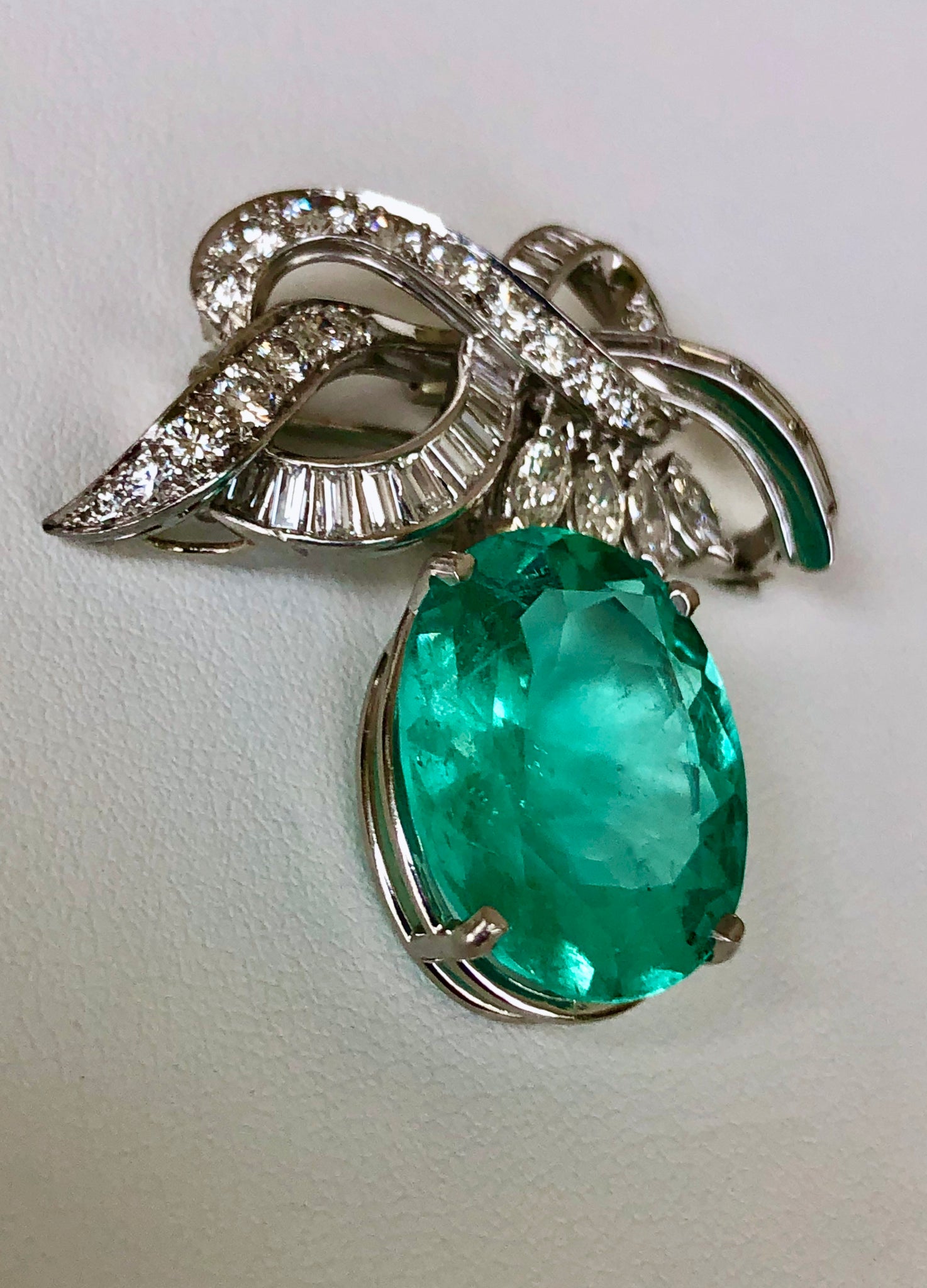 18.76 Carat Certified Colombian Emerald and Diamond Platinum Brooch Pendant