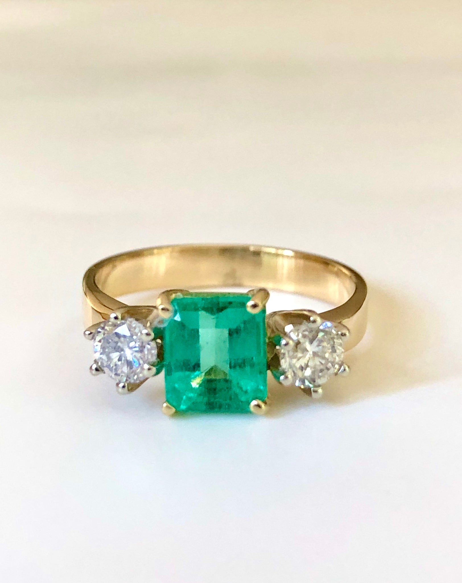 1.83 Carat Natural Colombian Emerald and Diamond Three-Stone Ring 18K