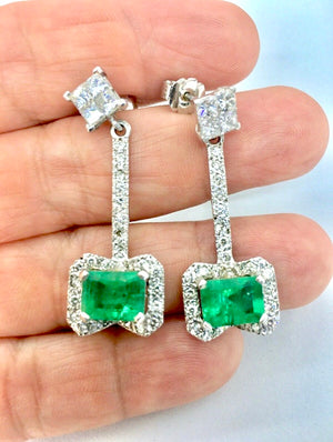 Midcentury Style Emerald and Diamond Drop Earrings 18K