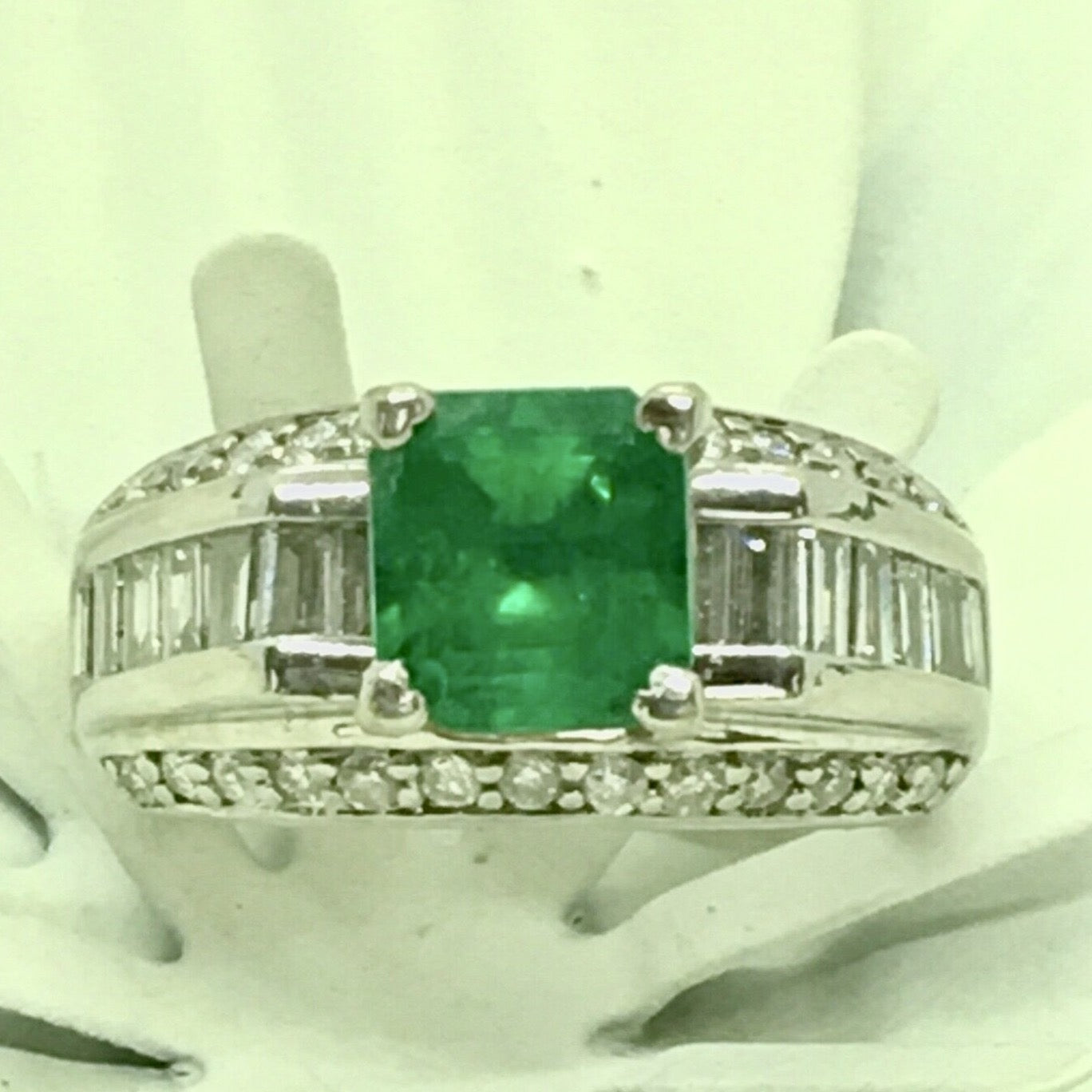 2.80 carat Square Colombian Emeralds Diamond Estate Ring White Gold