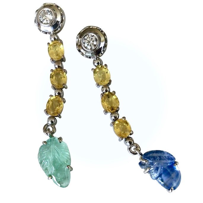 Sapphire Emerald and Diamond Drop 18 Karat Gold Earrings