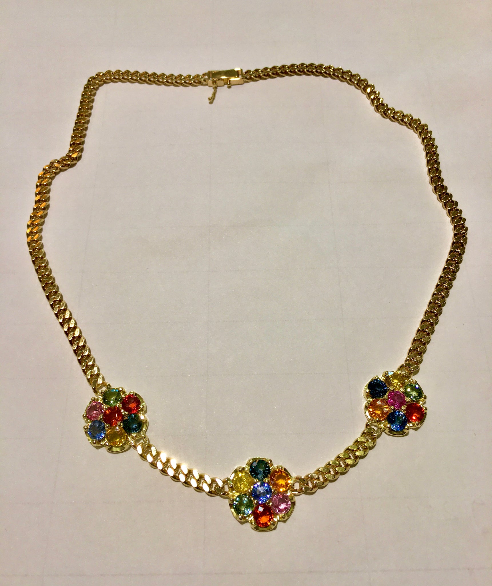 13.50 Carat Multi-Color Sapphire Flower Chain Link Necklace 18K