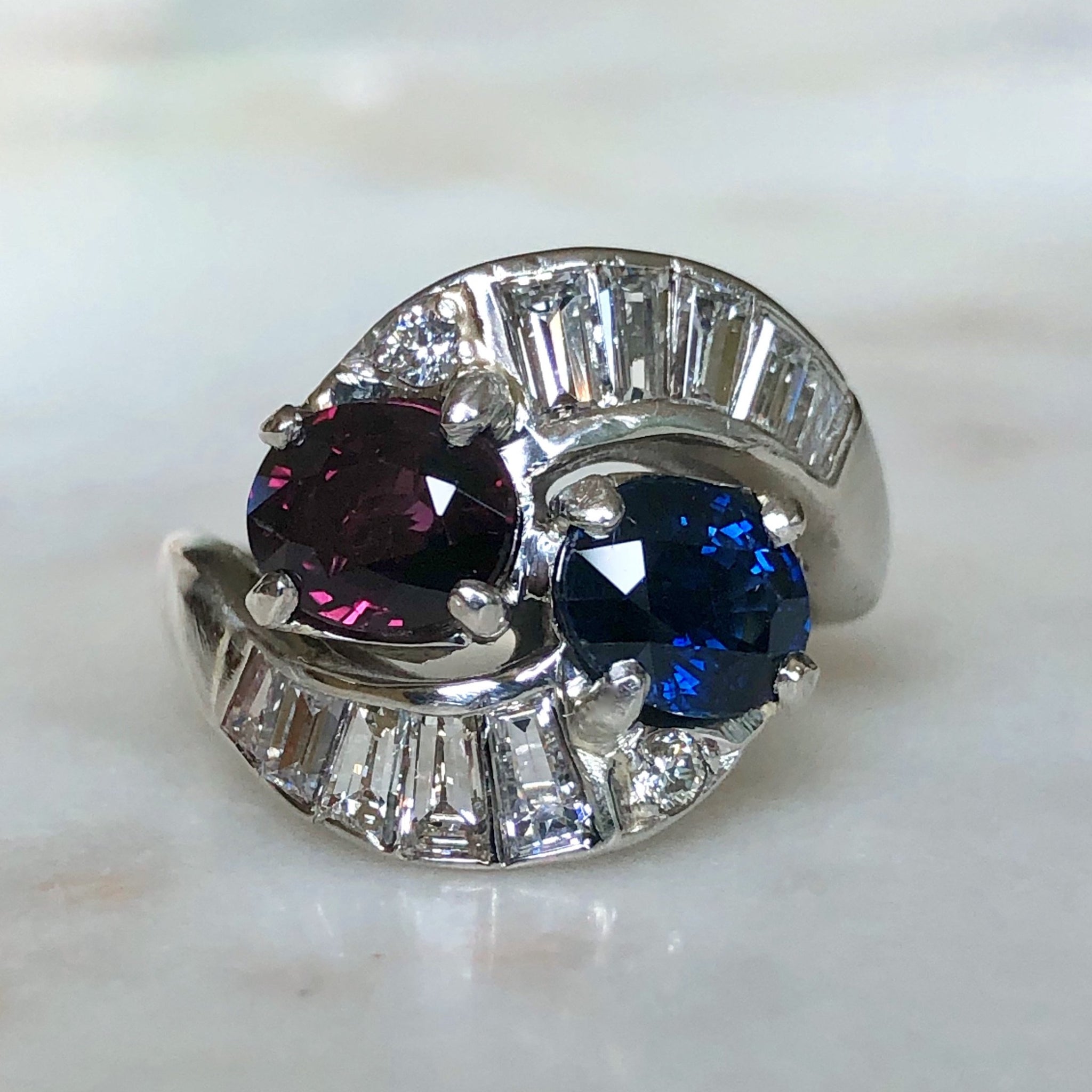 4.25CT Vintage Ruby Sapphire Diamond Crossover Bypass Platinum Engagement Ring