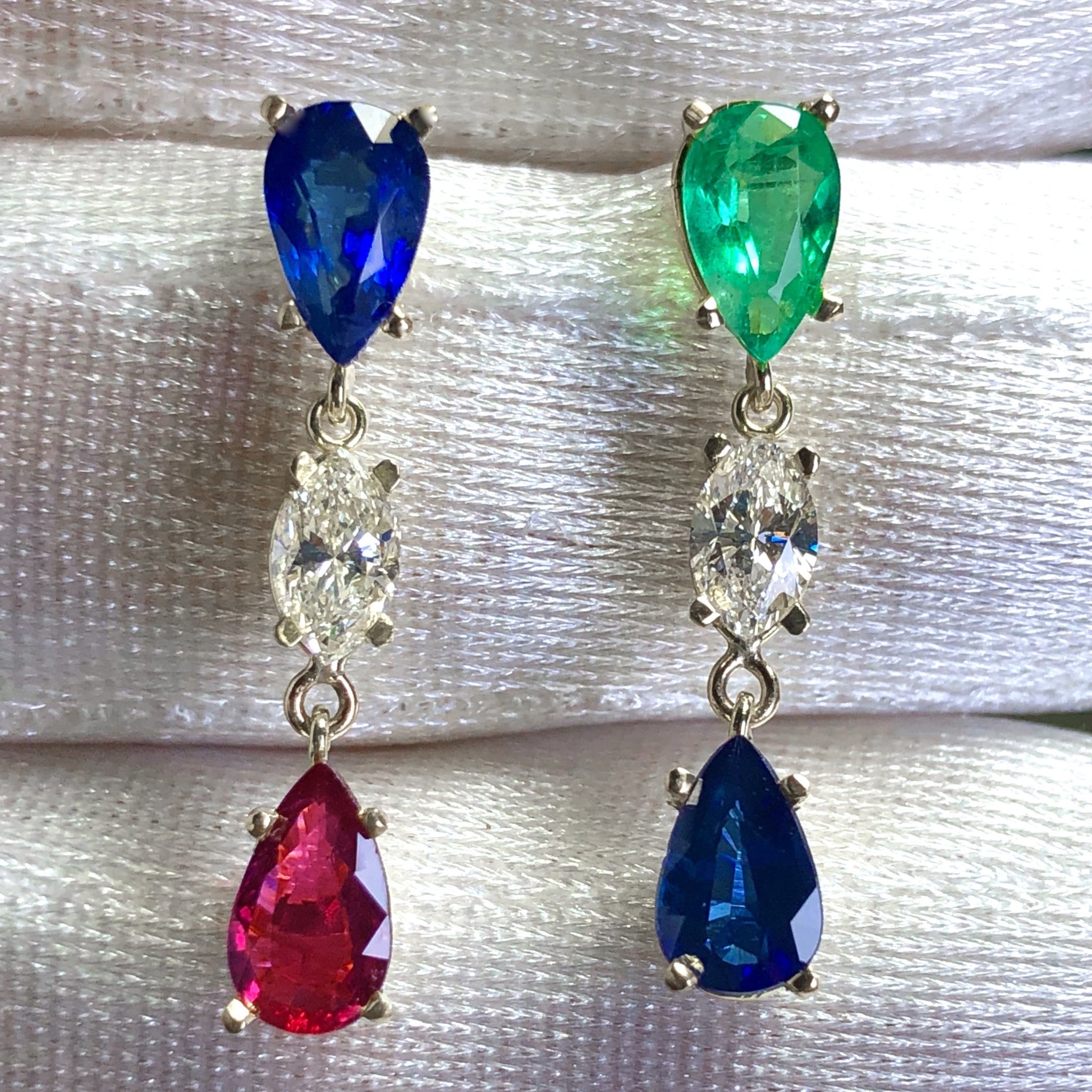 Vivid Natural Sapphire, Emerald, Ruby, Diamond Drop Earrings 18K