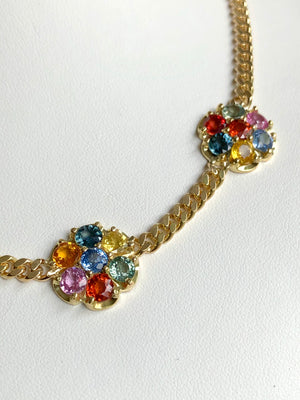 13.50 Carat Multi-Color Sapphire Flower Chain Link Necklace 18K