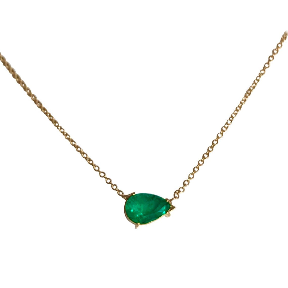 Pear Shape Colombian Emerald Solitaire Pendant Drop Necklace in 18K