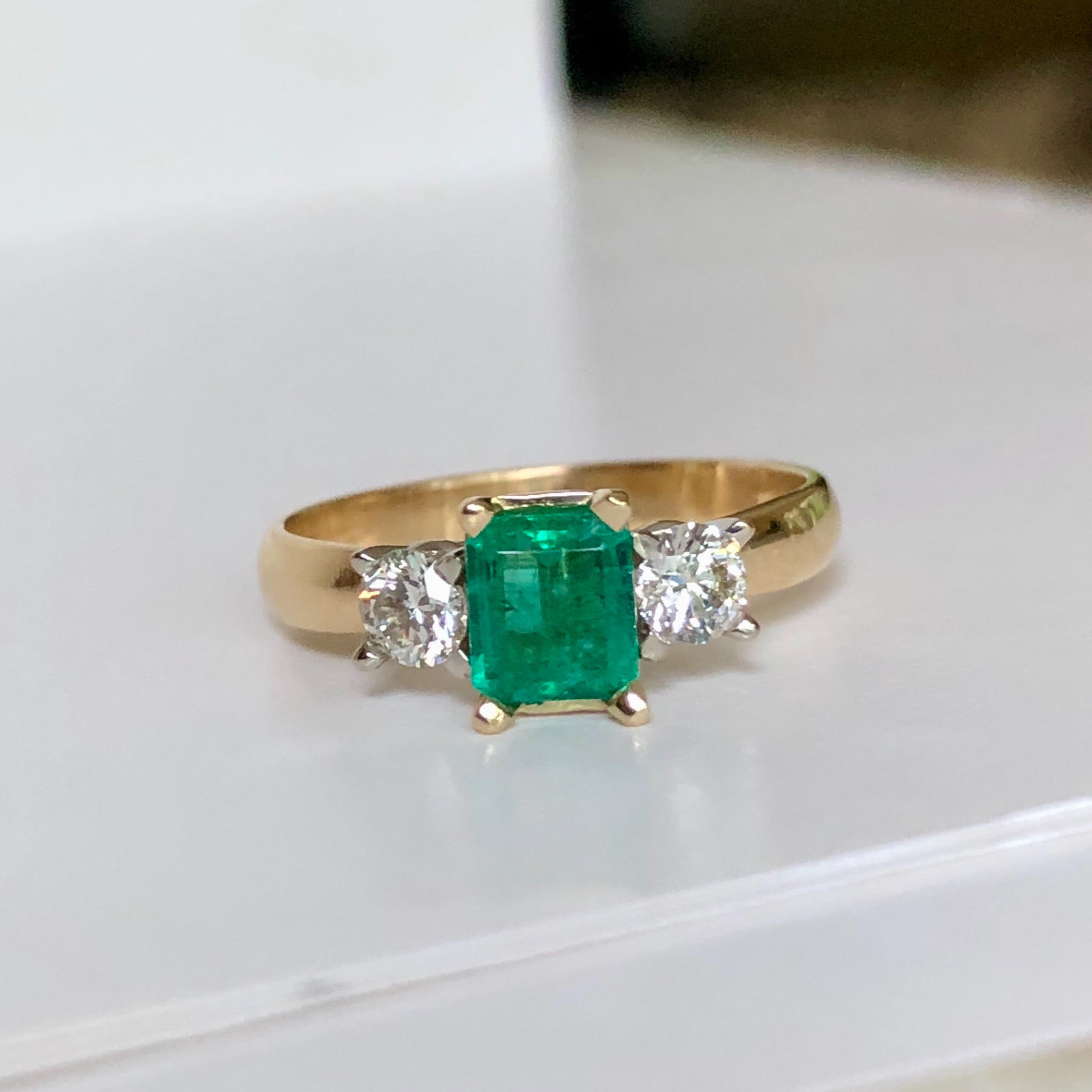 Colombian Emerald Diamond Three Stone Engagement Ring 18K ...