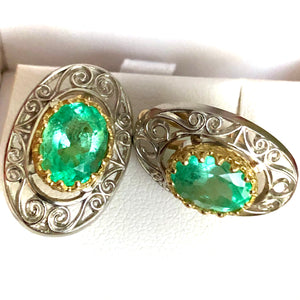 Antique Style Emerald 18K Gold Platinum Drop Earrings