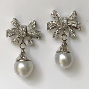 South Sea Pearl Diamond Platinum and 18K Gold Drop Earrings