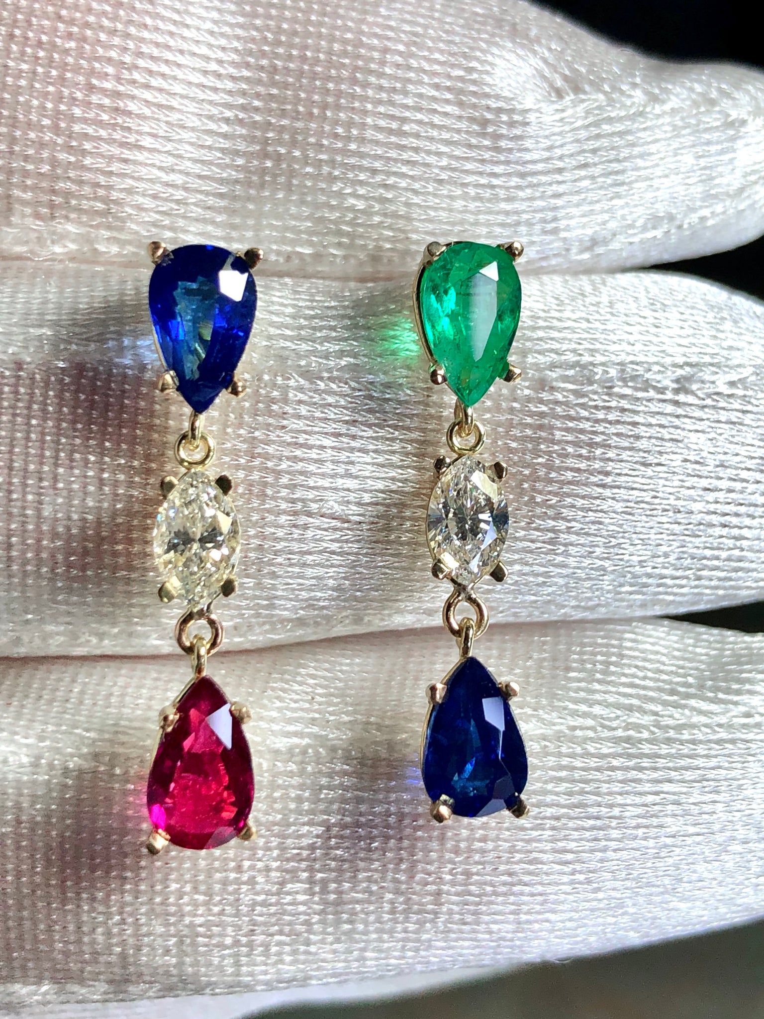 Vivid Natural Sapphire, Emerald, Ruby, Diamond Drop Earrings 18K
