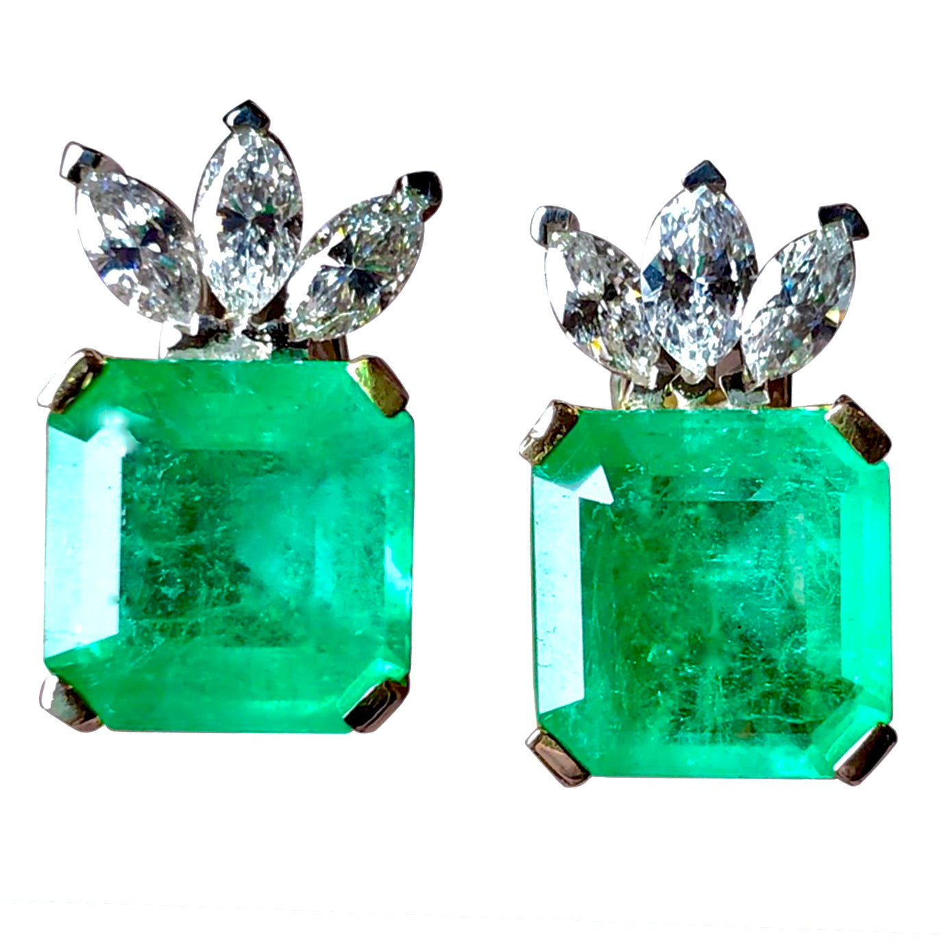 12.20 Carat Certified Square Colombian Emerald and Diamond Earrings