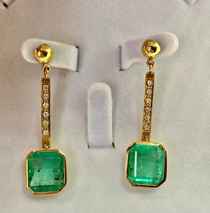 11.75 Carat Square Colombian Emerald and Diamond Drop Dangle Earrings