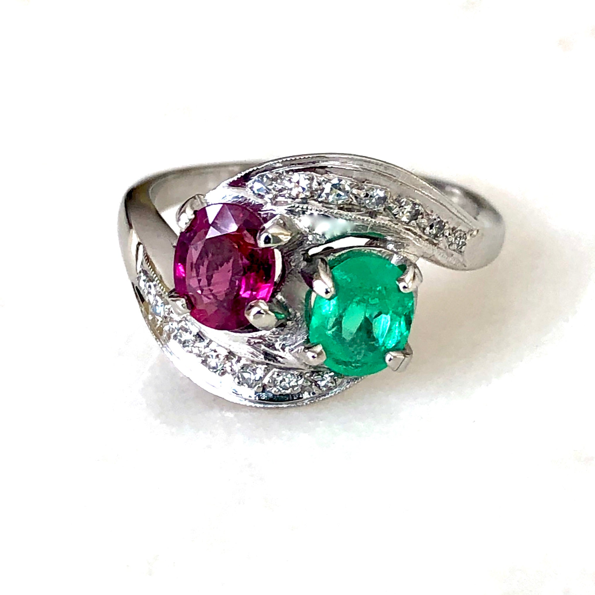 Antique Art Deco Emerald Ruby Diamond Platinum Engagement Ring